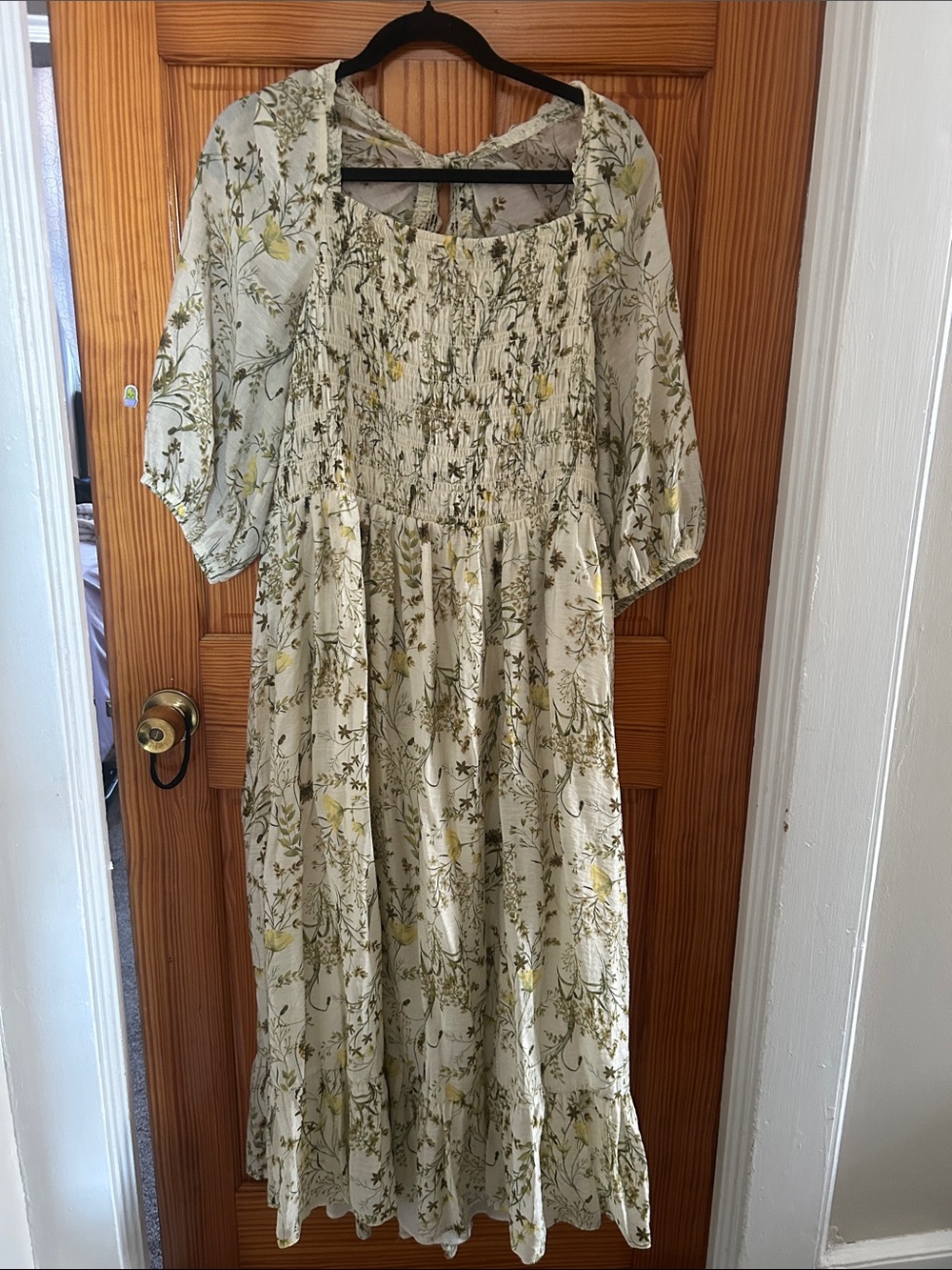 Primark Fall Cream Midi Dress with Green and Yellow Floral Print double layers